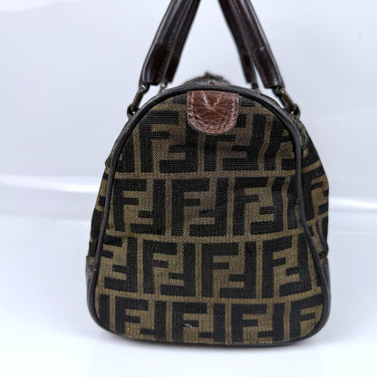 FENDI Mini Boston Bag Hand Bag Tote Purse FF Zucca Canvas Leather Brown Black