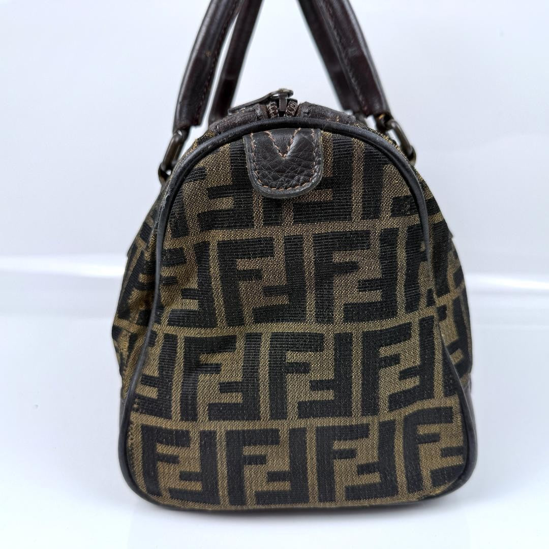 FENDI Mini Boston Bag Hand Bag Tote Purse FF Zucca Canvas Leather Brown Black