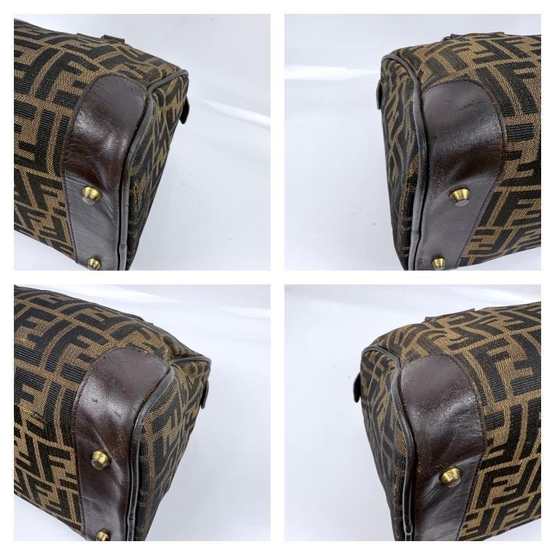 FENDI Mini Boston Bag Hand Bag Tote Purse FF Zucca Canvas Leather Brown Black