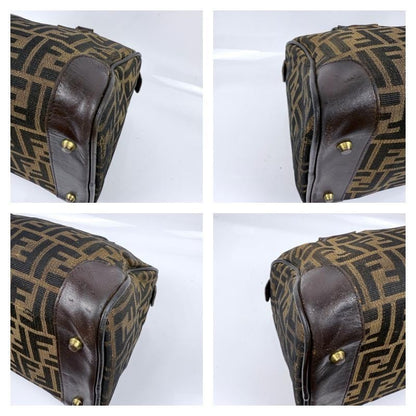 FENDI Mini Boston Bag Hand Bag Tote Purse FF Zucca Canvas Leather Brown Black