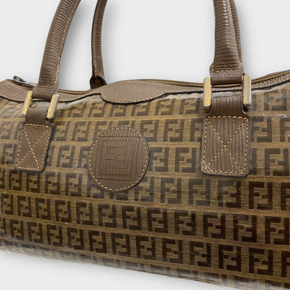 FENDI Hand Bag Tote Purse FF Zucca Patent Leather Brown Authentic