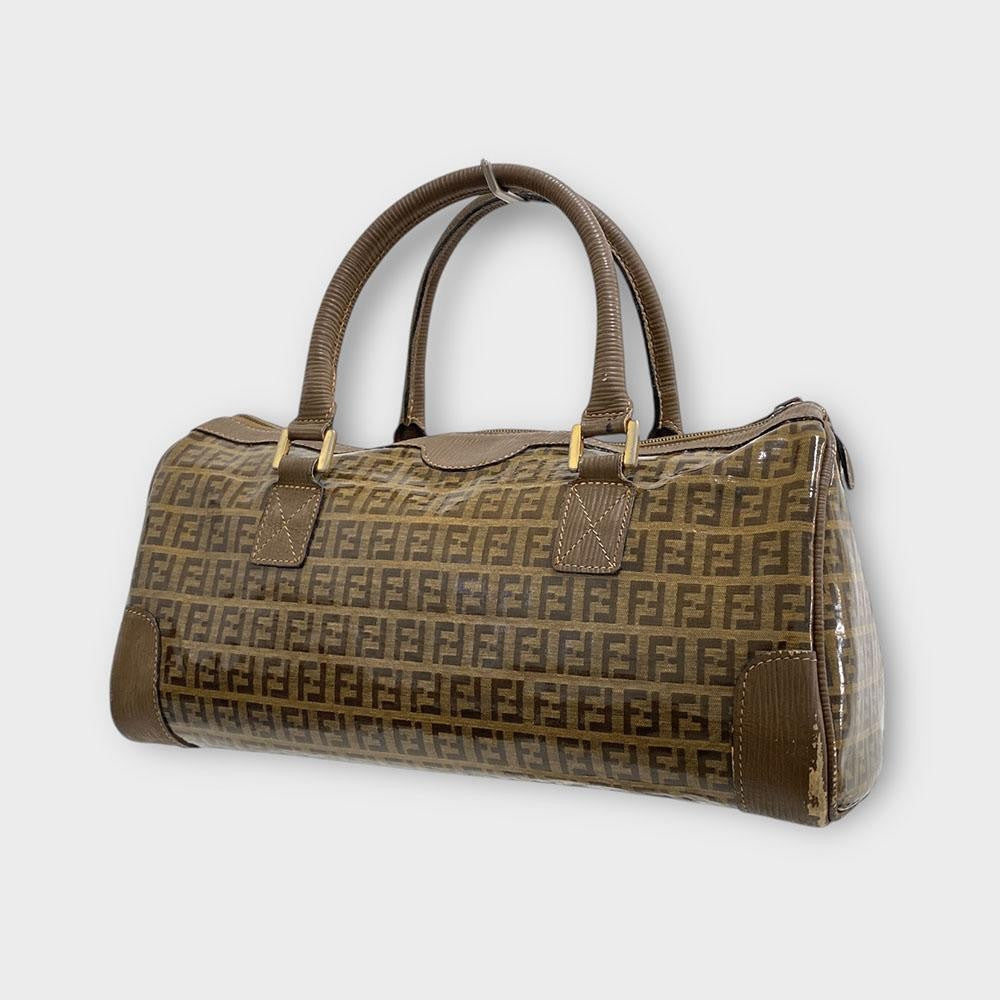 FENDI Hand Bag Tote Purse FF Zucca Patent Leather Brown Authentic