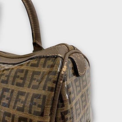 FENDI Hand Bag Tote Purse FF Zucca Patent Leather Brown Authentic