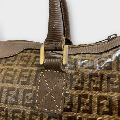FENDI Hand Bag Tote Purse FF Zucca Patent Leather Brown Authentic