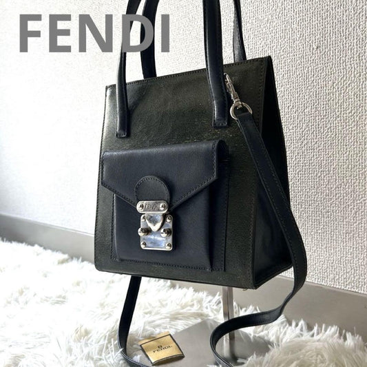FENDI Hand Shoulder Bag Tote Purse 2way Khaki Gray Authentic
