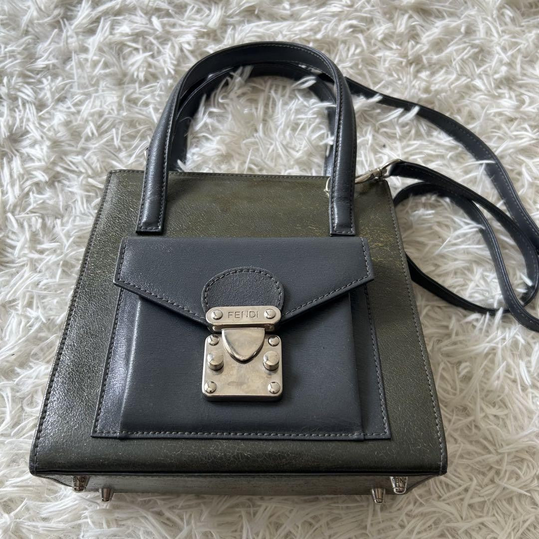 FENDI Hand Shoulder Bag Tote Purse 2way Khaki Gray Authentic
