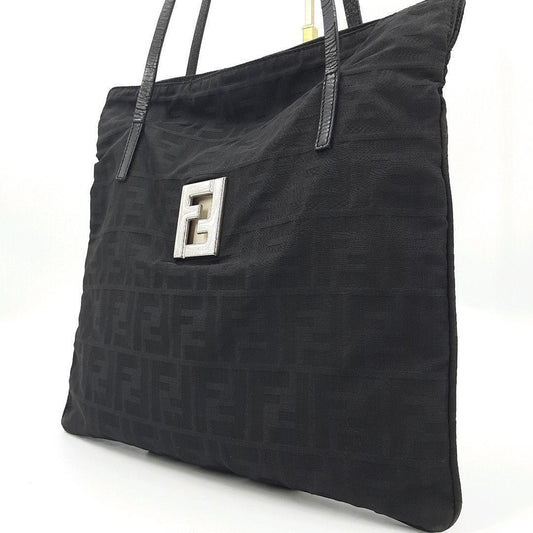 FENDI Hand Bag Tote Purse FF Zucca Canvas Leather Black Authentic