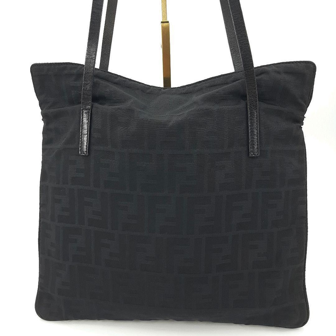 FENDI Hand Bag Tote Purse FF Zucca Canvas Leather Black Authentic