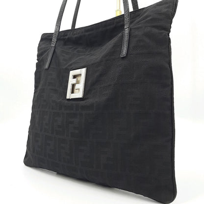 FENDI Hand Bag Tote Purse FF Zucca Canvas Leather Black Authentic