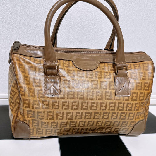 FENDI Hand Bag Tote Purse FF Zucca Leather Brown Authentic