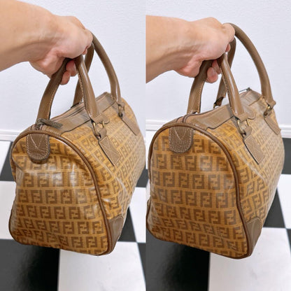 FENDI Hand Bag Tote Purse FF Zucca Leather Brown Authentic