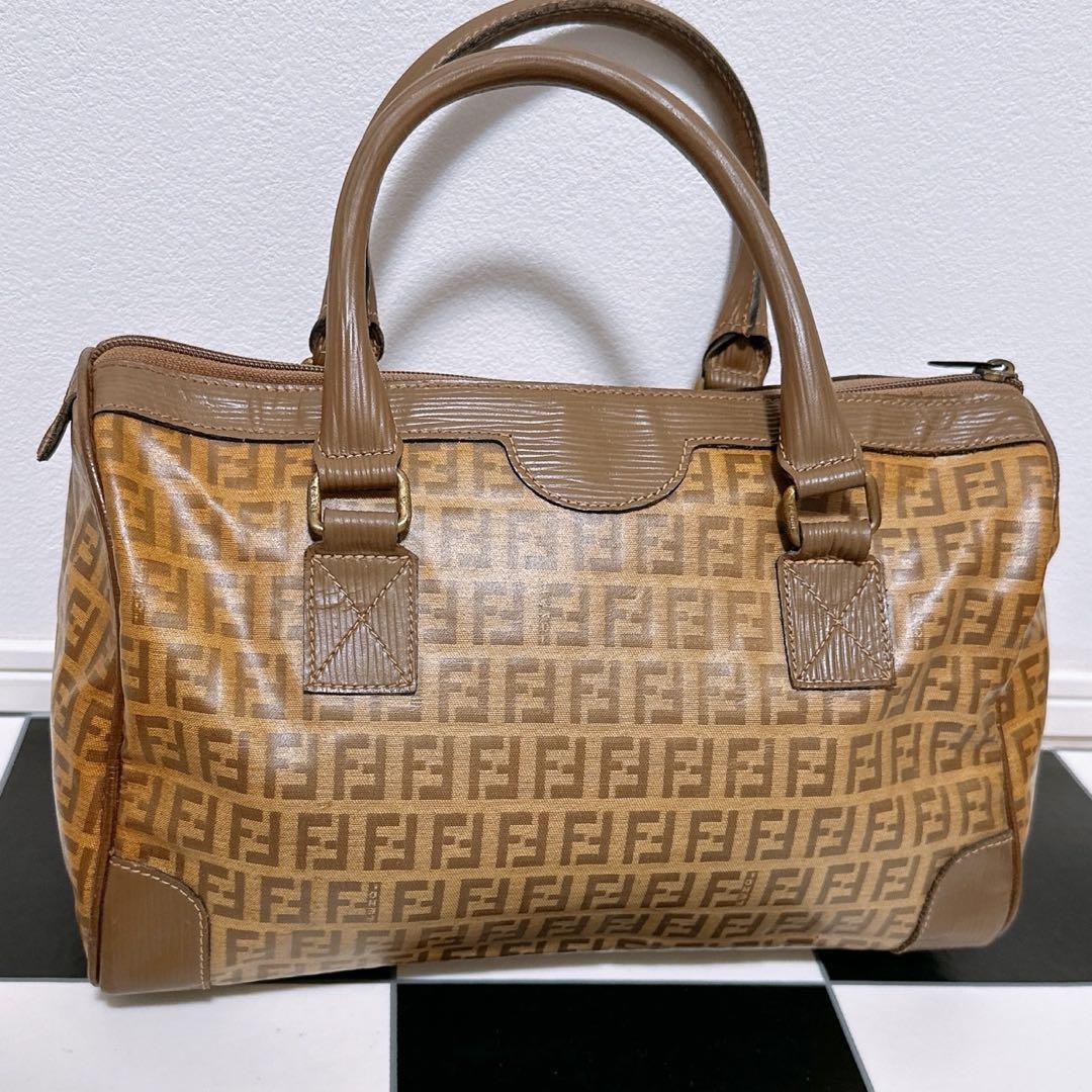 FENDI Hand Bag Tote Purse FF Zucca Leather Brown Authentic