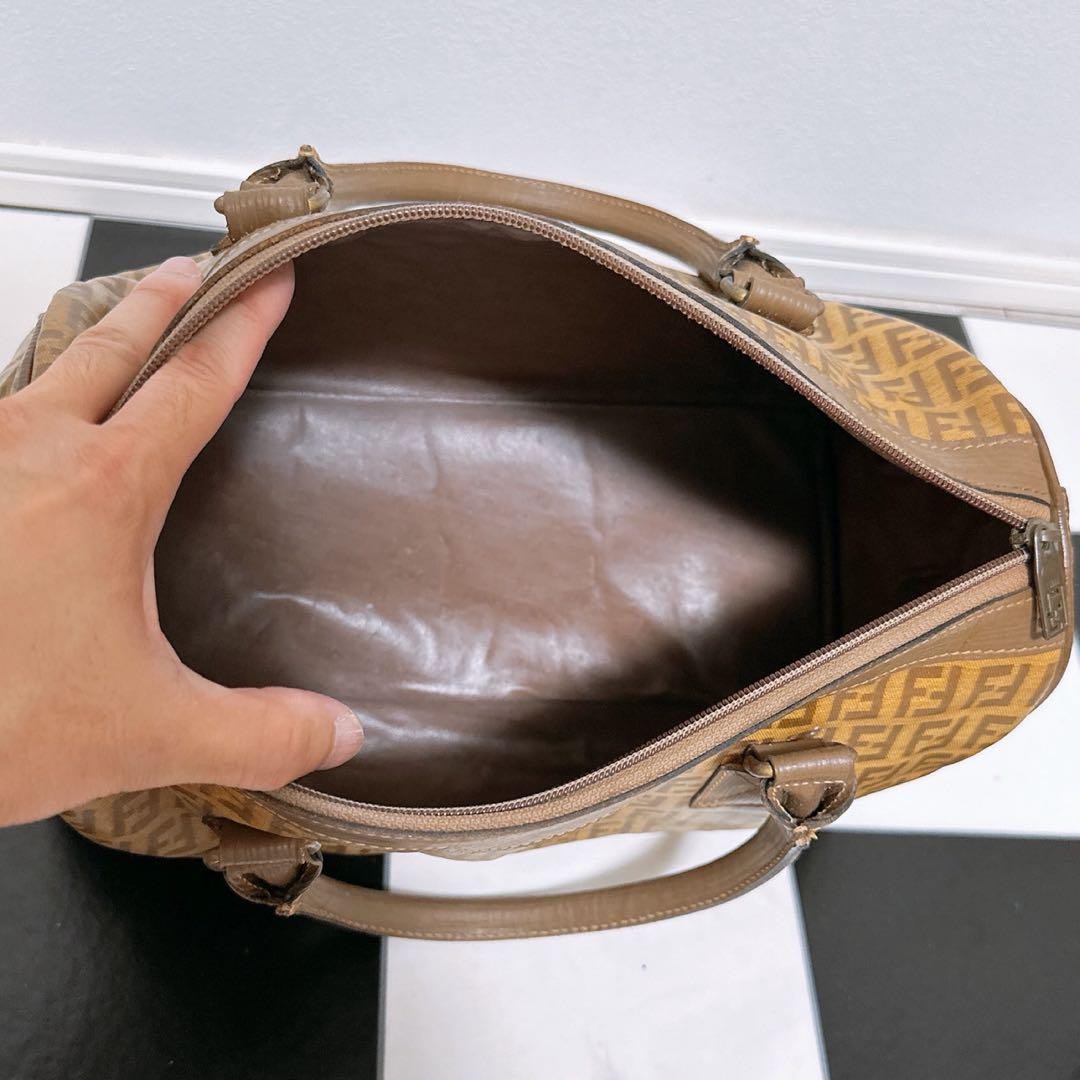 FENDI Hand Bag Tote Purse FF Zucca Leather Brown Authentic