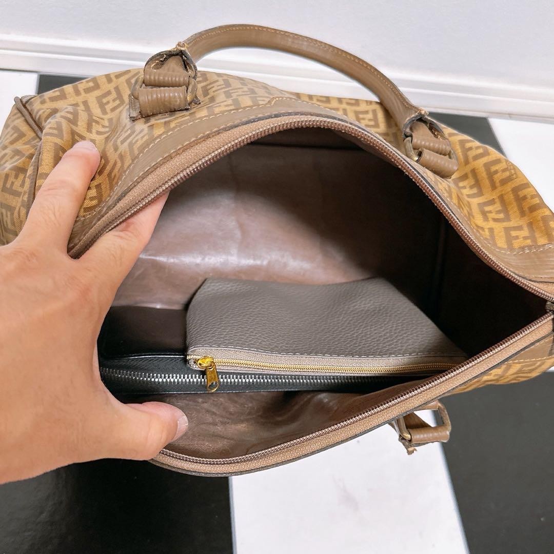 FENDI Hand Bag Tote Purse FF Zucca Leather Brown Authentic
