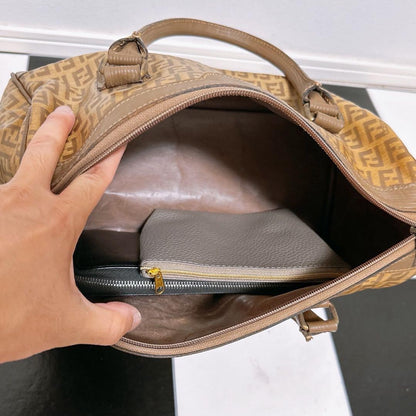 FENDI Hand Bag Tote Purse FF Zucca Leather Brown Authentic