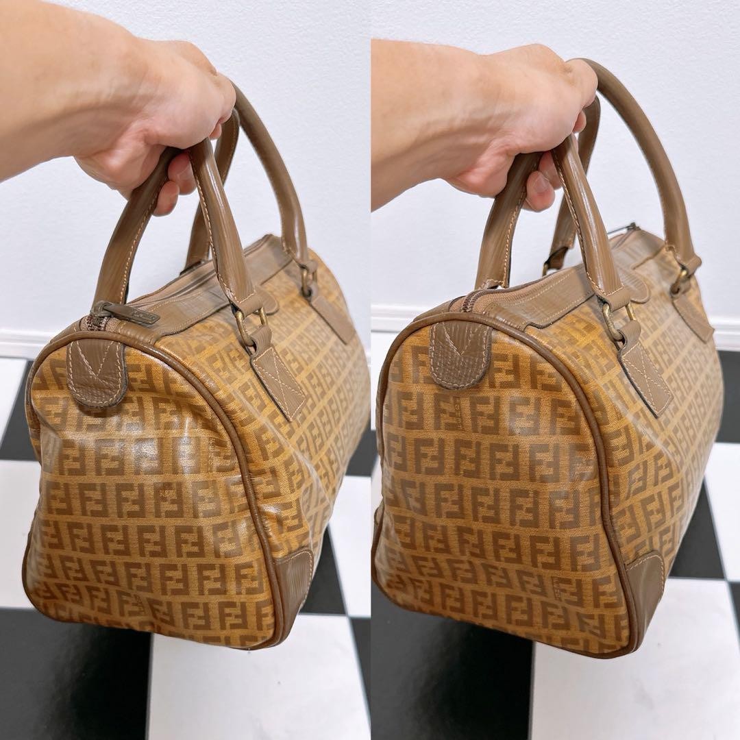 FENDI Hand Bag Tote Purse FF Zucca Leather Brown Authentic