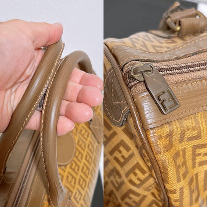 FENDI Hand Bag Tote Purse FF Zucca Leather Brown Authentic