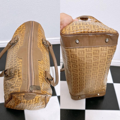 FENDI Hand Bag Tote Purse FF Zucca Leather Brown Authentic