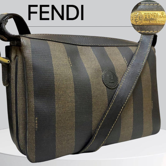 FENDI Shoulder Bag Purse FF Pecan PVC Leather Black Authentic