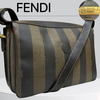 FENDI Shoulder Bag Purse FF Pecan PVC Leather Black Authentic