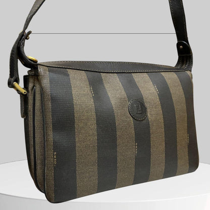 FENDI Shoulder Bag Purse FF Pecan PVC Leather Black Authentic