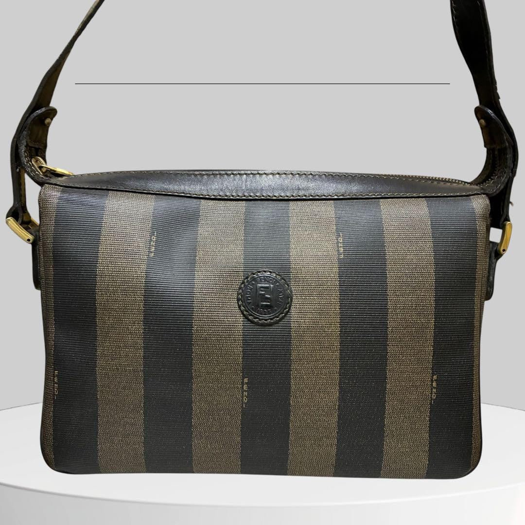 FENDI Shoulder Bag Purse FF Pecan PVC Leather Black Authentic
