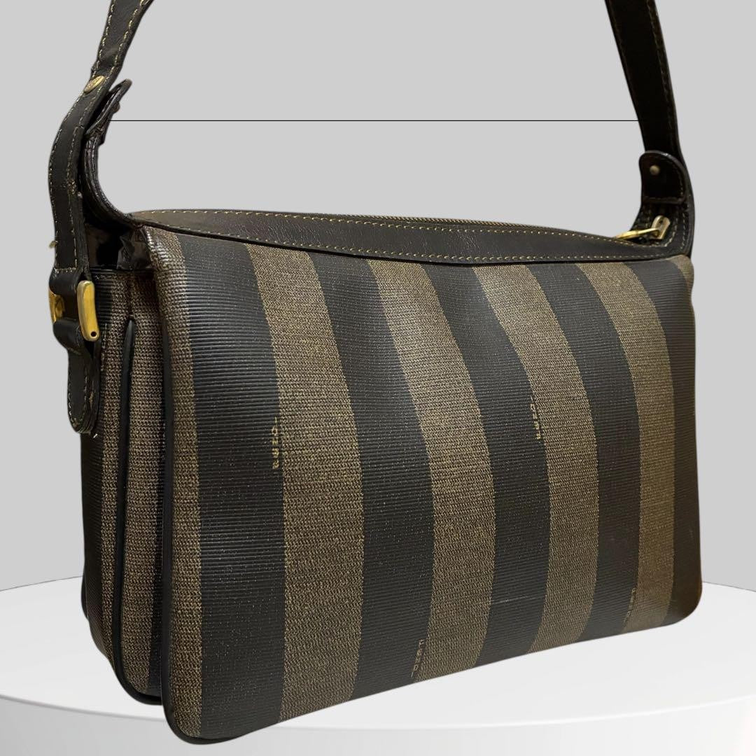 FENDI Shoulder Bag Purse FF Pecan PVC Leather Black Authentic