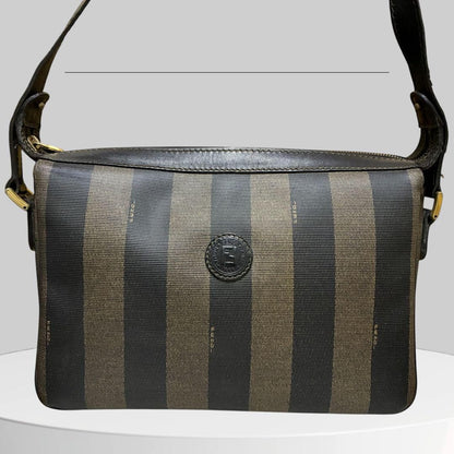 FENDI Shoulder Bag Purse FF Pecan PVC Leather Black Authentic