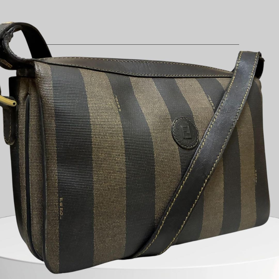 FENDI Shoulder Bag Purse FF Pecan PVC Leather Black Authentic