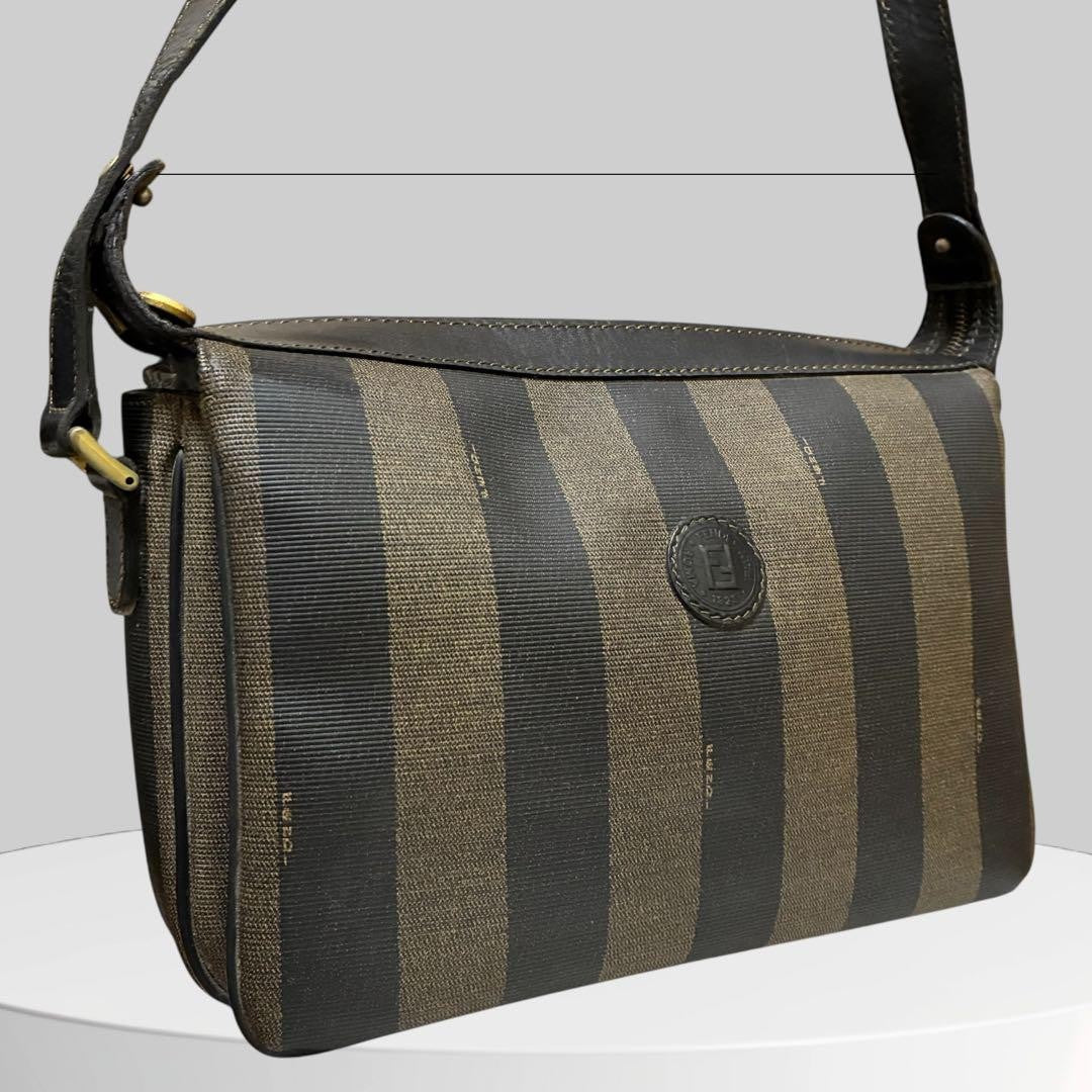 FENDI Shoulder Bag Purse FF Pecan PVC Leather Black Authentic