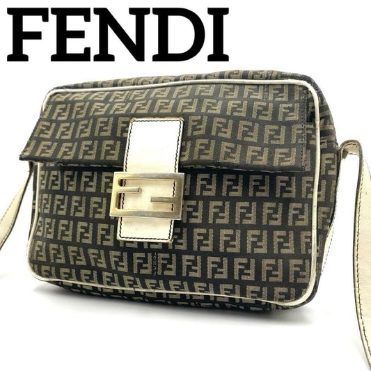 FENDI Shoulder Bag Purse FF Zucca Canvas Nylon Leather Brown Authentic