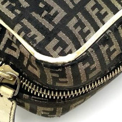 FENDI Shoulder Bag Purse FF Zucca Canvas Nylon Leather Brown Authentic