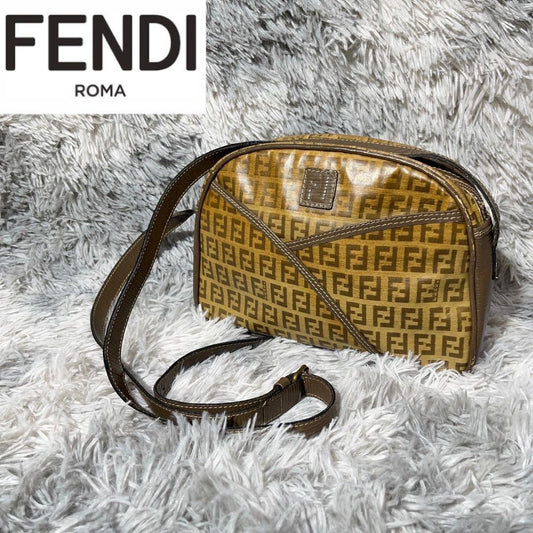 FENDI Shoulder Bag Purse FF Zucca PVC Brown Authentic