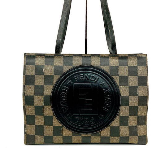 FENDI Hand Shoulder Bag Tote Purse FF Pecan Leather PVC Authentic