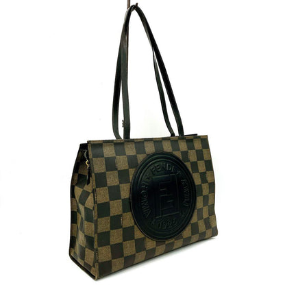FENDI Hand Shoulder Bag Tote Purse FF Pecan Leather PVC Authentic