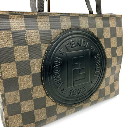 FENDI Hand Shoulder Bag Tote Purse FF Pecan Leather PVC Authentic