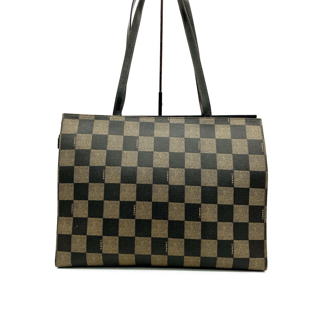 FENDI Hand Shoulder Bag Tote Purse FF Pecan Leather PVC Authentic
