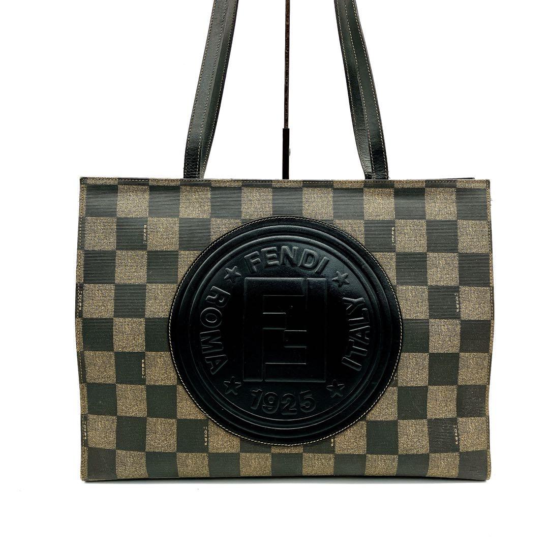 FENDI Hand Shoulder Bag Tote Purse FF Pecan Leather PVC Authentic