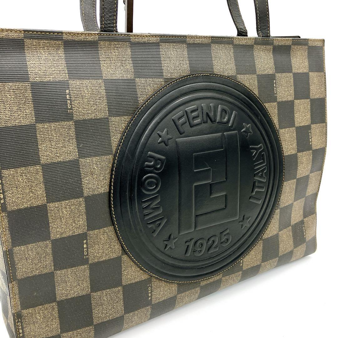 FENDI Hand Shoulder Bag Tote Purse FF Pecan Leather PVC Authentic