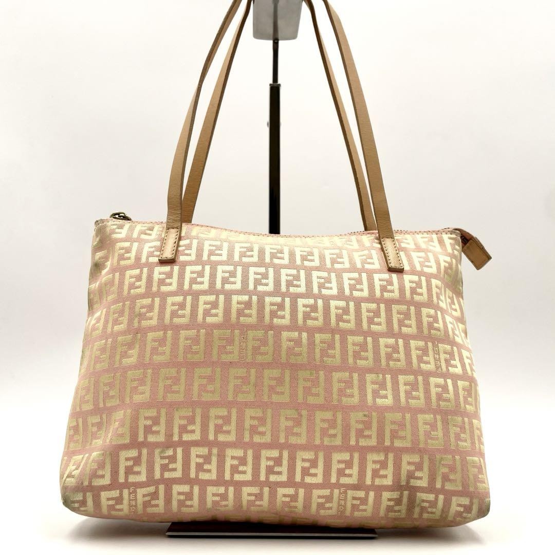 FENDI Hand Bag Tote Purse FF Zucchino Canvas Leather Pink Gold Authentic