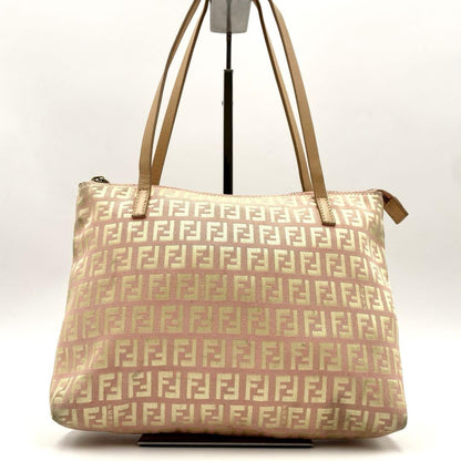 FENDI Hand Bag Tote Purse FF Zucchino Canvas Leather Pink Gold Authentic
