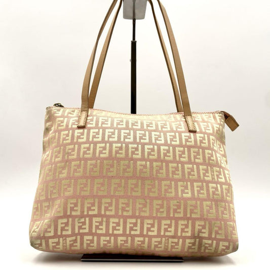 FENDI Hand Bag Tote Purse FF Zucchino Canvas Leather Pink Gold Authentic