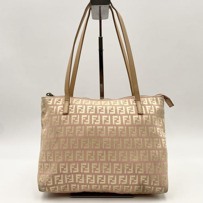 FENDI Hand Bag Tote Purse FF Zucchino Canvas Leather Pink Gold Authentic