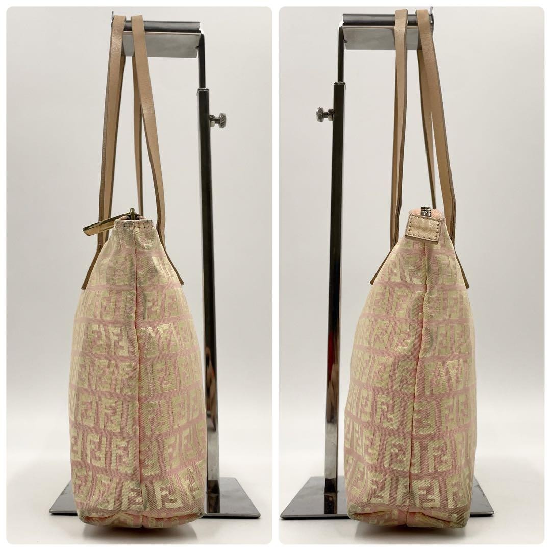 FENDI Hand Bag Tote Purse FF Zucchino Canvas Leather Pink Gold Authentic