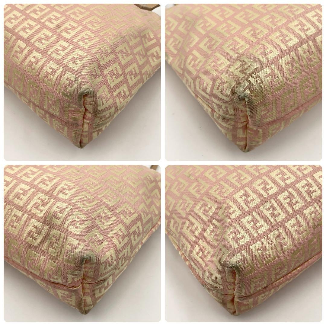 FENDI Hand Bag Tote Purse FF Zucchino Canvas Leather Pink Gold Authentic