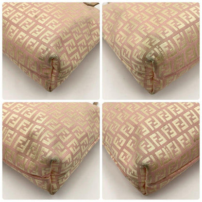 FENDI Hand Bag Tote Purse FF Zucchino Canvas Leather Pink Gold Authentic
