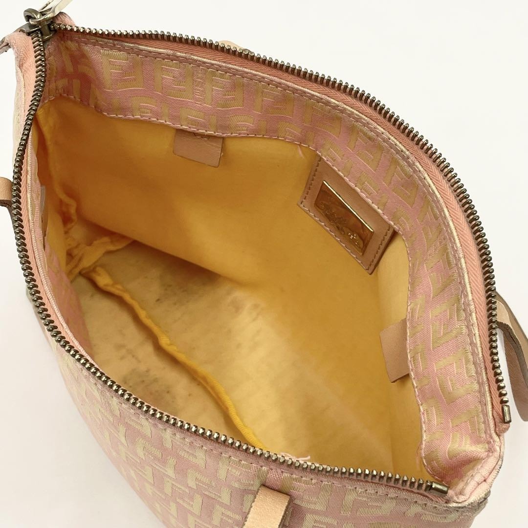 FENDI Hand Bag Tote Purse FF Zucchino Canvas Leather Pink Gold Authentic