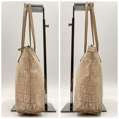 FENDI Hand Bag Tote Purse FF Zucchino Canvas Leather Pink Gold Authentic