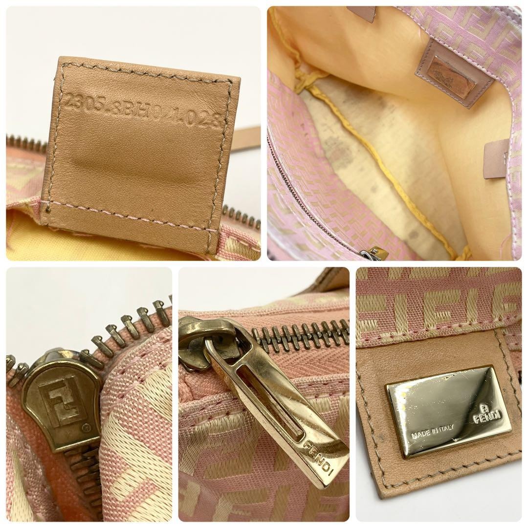 FENDI Hand Bag Tote Purse FF Zucchino Canvas Leather Pink Gold Authentic