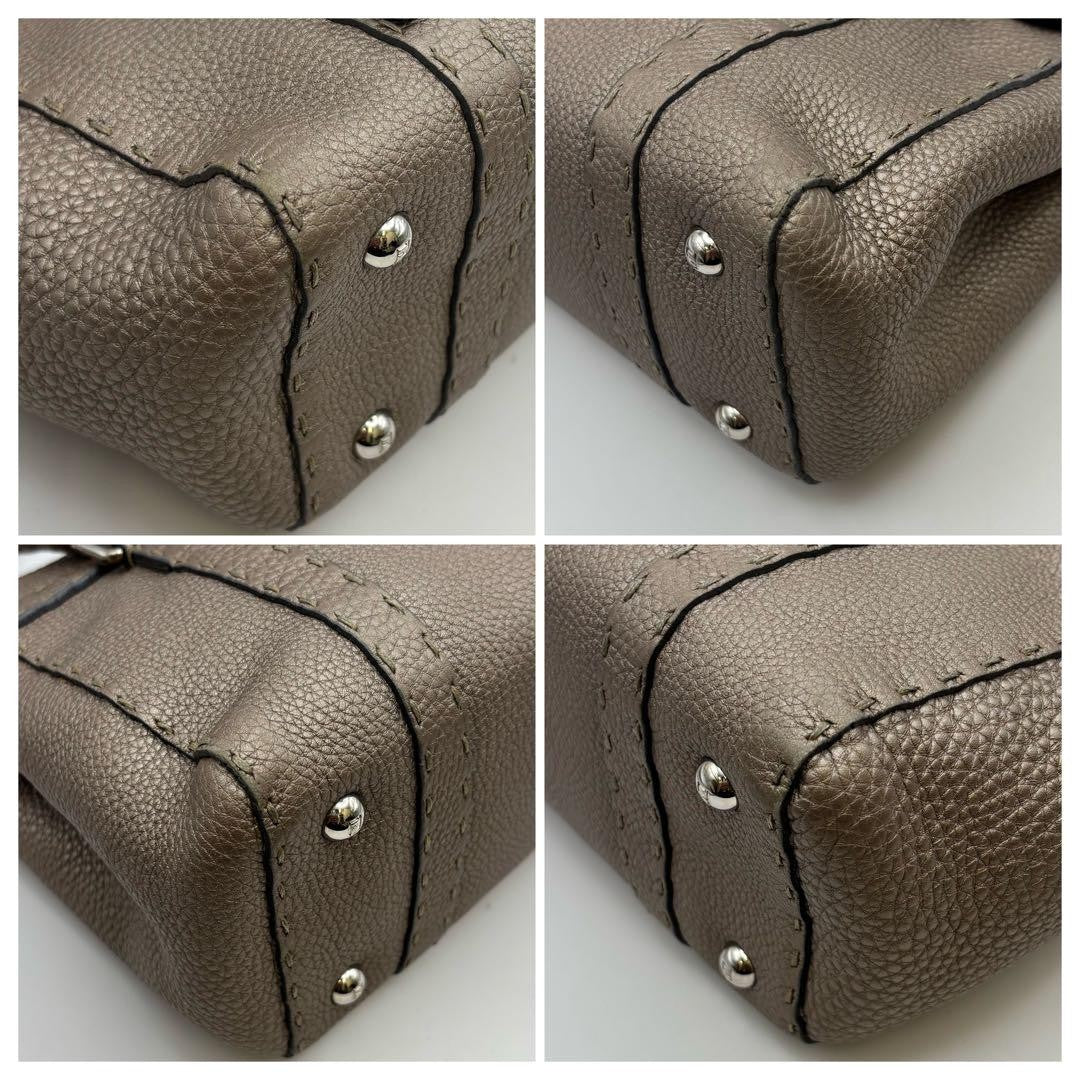 FENDI Hand Bag Tote Purse Selleria Leather Greige Authentic
